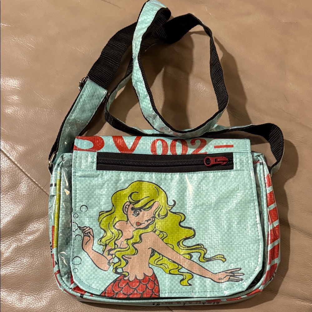 Mermaid Purse made from recycled rice bags.